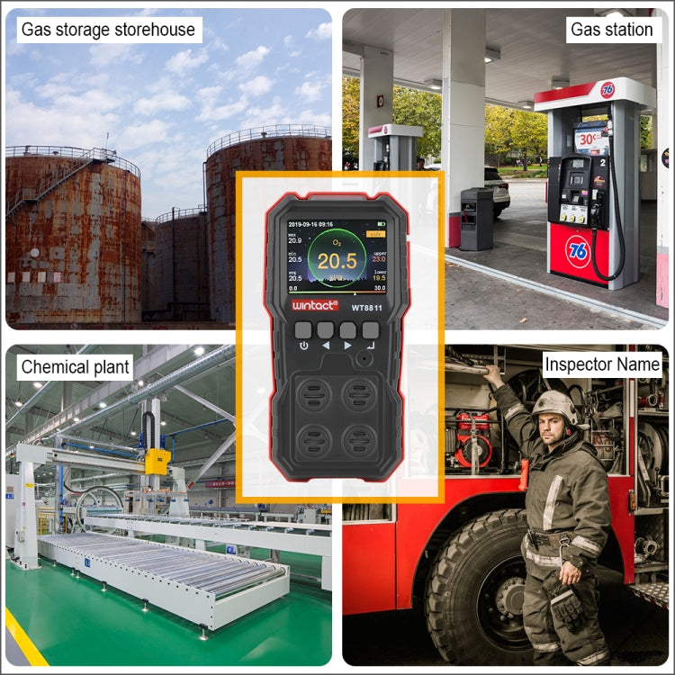 WINTACT WT8811 Monitor de gas compuesto Pantalla LCD Recargable Multifunción 4 en 1 Combustible O2 H2S CO Sensor de gas Luz de sonido Alarma de vibración