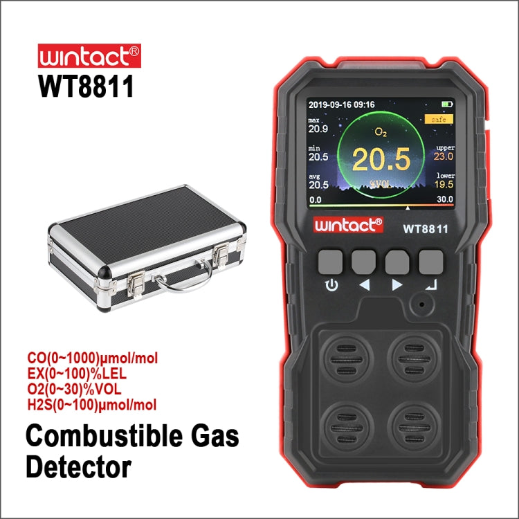 WINTACT WT8811 Monitor de gas compuesto Pantalla LCD Recargable Multifunción 4 en 1 Combustible O2 H2S CO Sensor de gas Luz de sonido Alarma de vibración