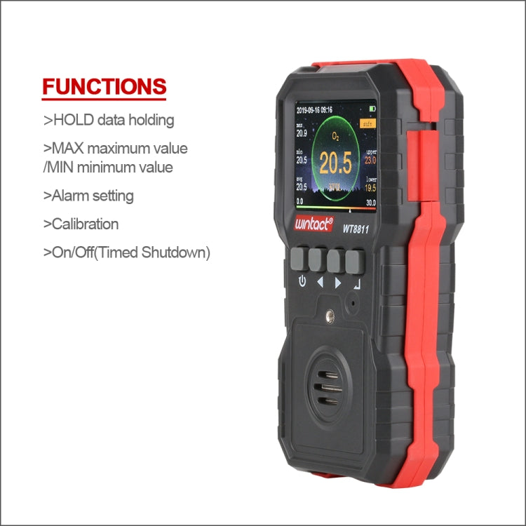 WINTACT WT8811 Monitor de gas compuesto Pantalla LCD Recargable Multifunción 4 en 1 Combustible O2 H2S CO Sensor de gas Luz de sonido Alarma de vibración