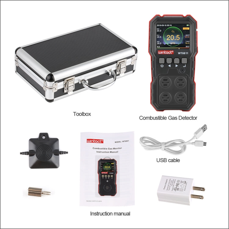 WINTACT WT8811 Monitor de gas compuesto Pantalla LCD Recargable Multifunción 4 en 1 Combustible O2 H2S CO Sensor de gas Luz de sonido Alarma de vibración
