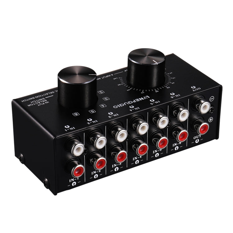 B016 Conmutador de selección de fuente de señal de audio de 6 entradas y 1 salida, control de ajuste de volumen de salida Puerto RCA, 6 Input 1 Output