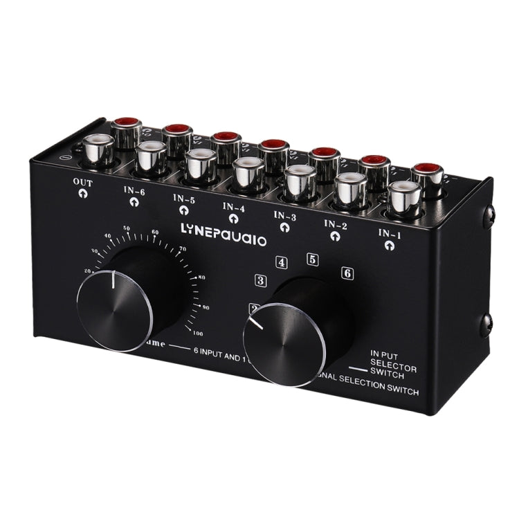 B016 Conmutador de selección de fuente de señal de audio de 6 entradas y 1 salida, control de ajuste de volumen de salida Puerto RCA, 6 Input 1 Output