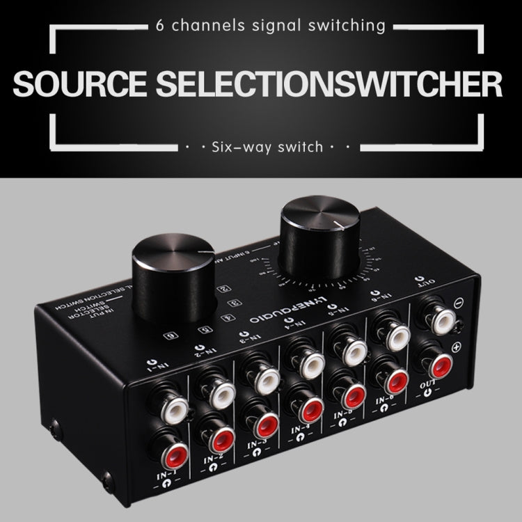 B016 Conmutador de selección de fuente de señal de audio de 6 entradas y 1 salida, control de ajuste de volumen de salida Puerto RCA, 6 Input 1 Output