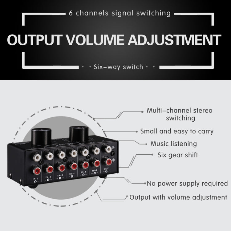 B016 Conmutador de selección de fuente de señal de audio de 6 entradas y 1 salida, control de ajuste de volumen de salida Puerto RCA, 6 Input 1 Output