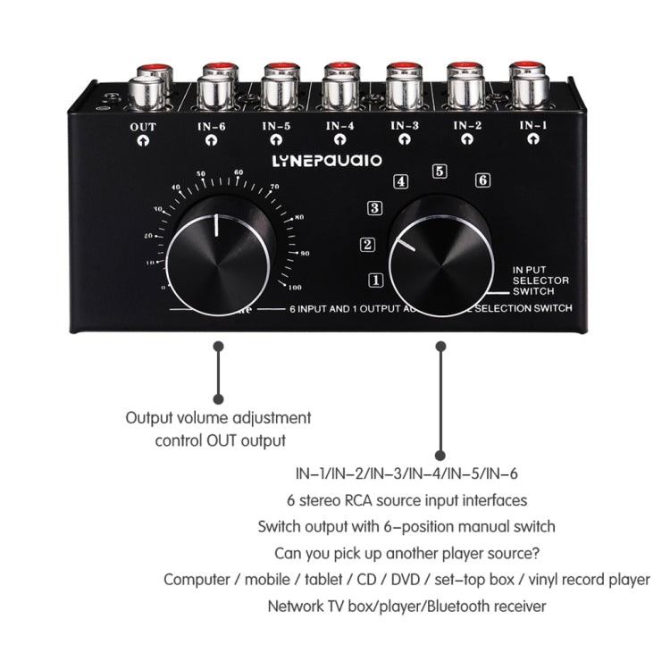 B016 Conmutador de selección de fuente de señal de audio de 6 entradas y 1 salida, control de ajuste de volumen de salida Puerto RCA, 6 Input 1 Output