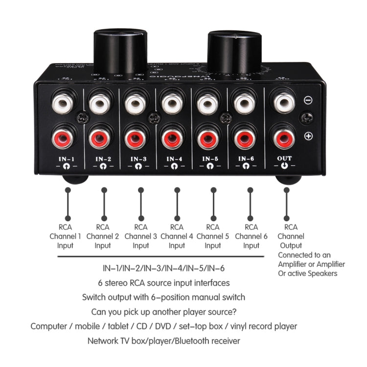 B016 Conmutador de selección de fuente de señal de audio de 6 entradas y 1 salida, control de ajuste de volumen de salida Puerto RCA, 6 Input 1 Output