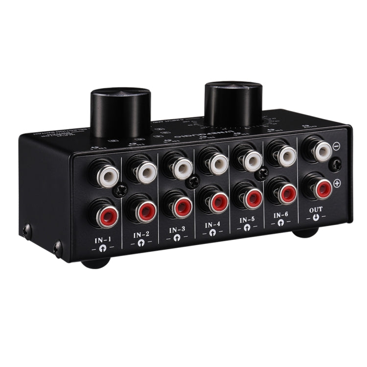 B016 Conmutador de selección de fuente de señal de audio de 6 entradas y 1 salida, control de ajuste de volumen de salida Puerto RCA, 6 Input 1 Output