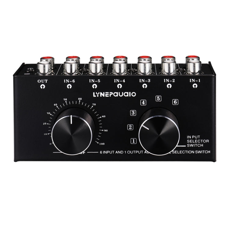 B016 Conmutador de selección de fuente de señal de audio de 6 entradas y 1 salida, control de ajuste de volumen de salida Puerto RCA, 6 Input 1 Output