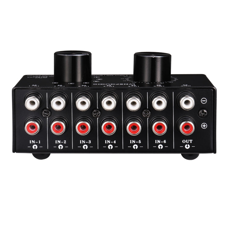 B016 Conmutador de selección de fuente de señal de audio de 6 entradas y 1 salida, control de ajuste de volumen de salida Puerto RCA, 6 Input 1 Output