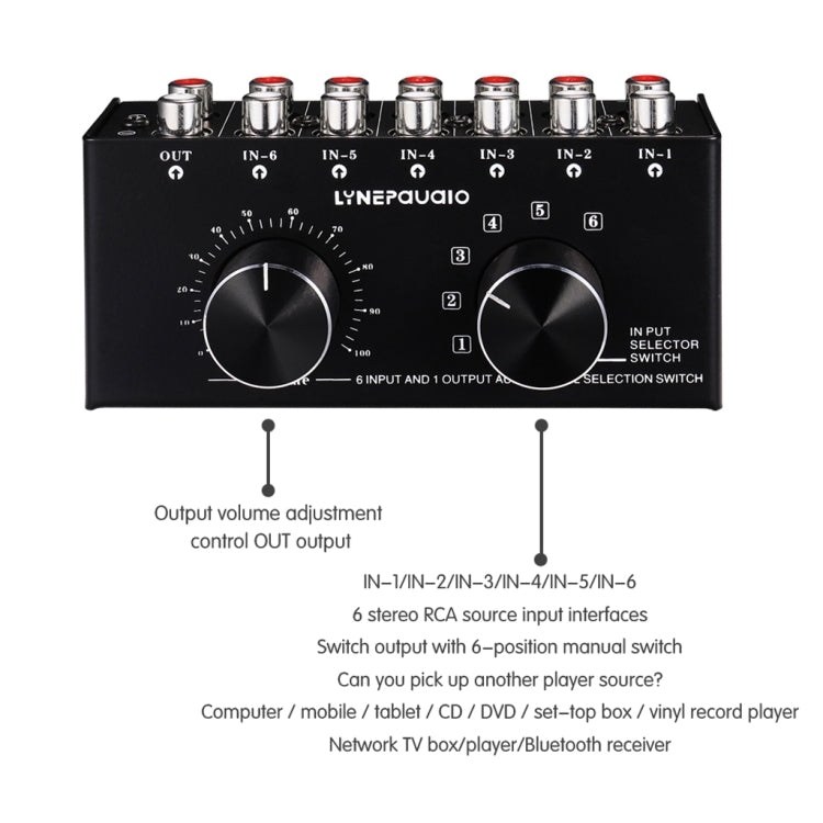 B016 Conmutador de selección de fuente de señal de audio de 6 entradas y 1 salida, control de ajuste de volumen de salida Puerto RCA, 6 Input 1 Output