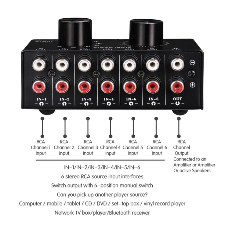 B016 Conmutador de selección de fuente de señal de audio de 6 entradas y 1 salida, control de ajuste de volumen de salida Puerto RCA, 6 Input 1 Output