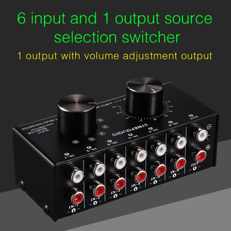 B016 Conmutador de selección de fuente de señal de audio de 6 entradas y 1 salida, control de ajuste de volumen de salida Puerto RCA, 6 Input 1 Output