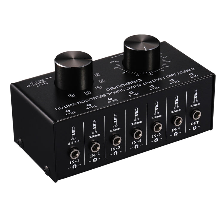 B017 Conmutador de selección de señal de audio de 6 entradas y 1 salida Control de ajuste de volumen de salida Interfaz de 3,5 mm