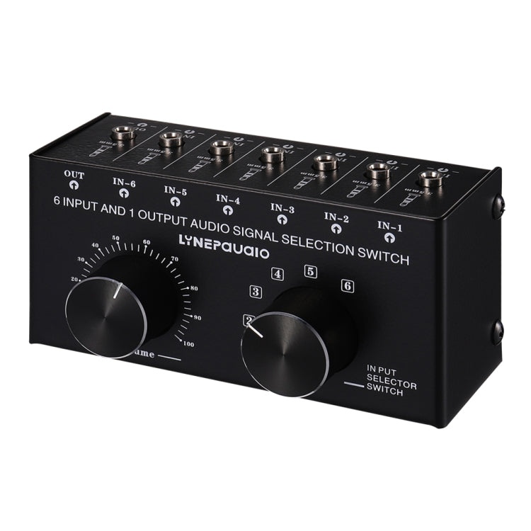 B017 Conmutador de selección de señal de audio de 6 entradas y 1 salida Control de ajuste de volumen de salida Interfaz de 3,5 mm