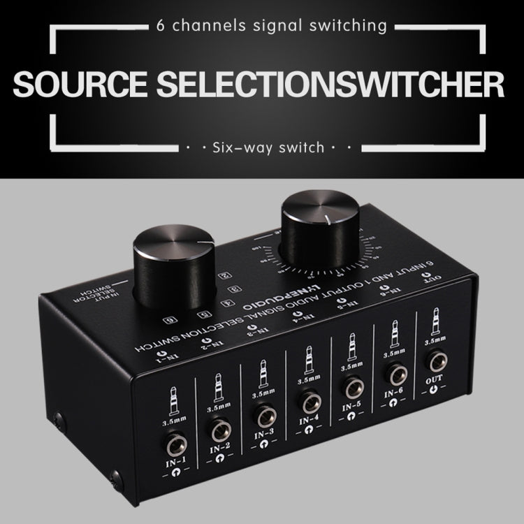 B017 Conmutador de selección de señal de audio de 6 entradas y 1 salida Control de ajuste de volumen de salida Interfaz de 3,5 mm