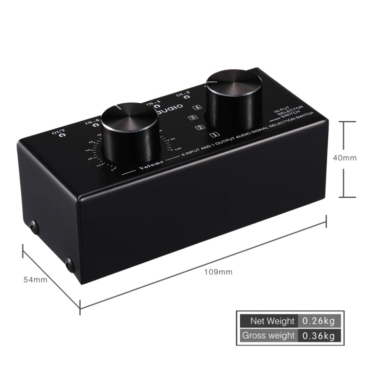 B017 Conmutador de selección de señal de audio de 6 entradas y 1 salida Control de ajuste de volumen de salida Interfaz de 3,5 mm