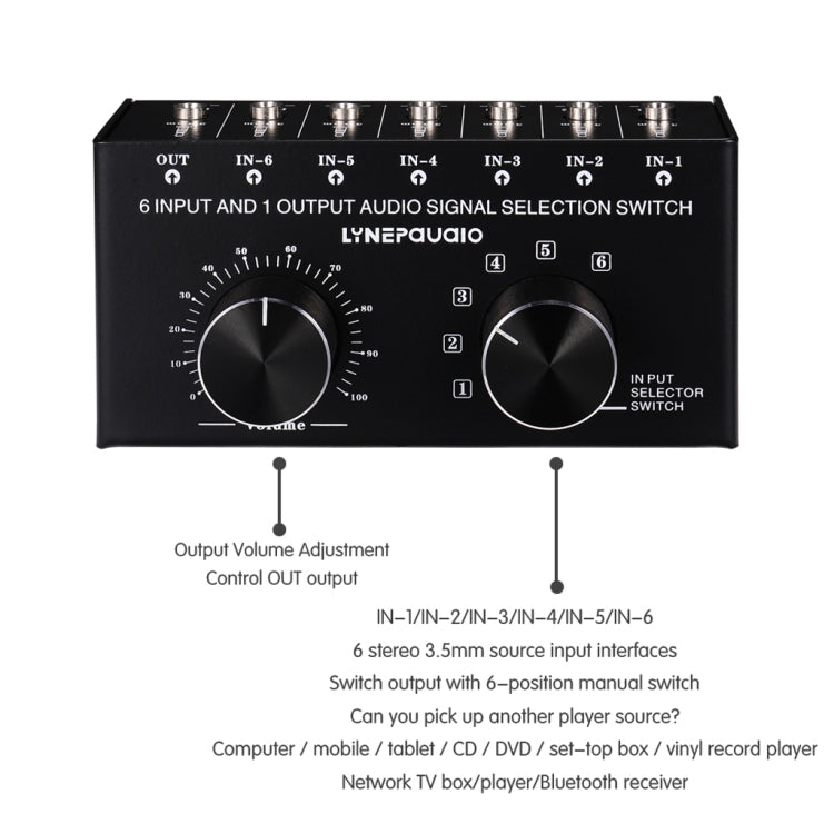 B017 Conmutador de selección de señal de audio de 6 entradas y 1 salida Control de ajuste de volumen de salida Interfaz de 3,5 mm