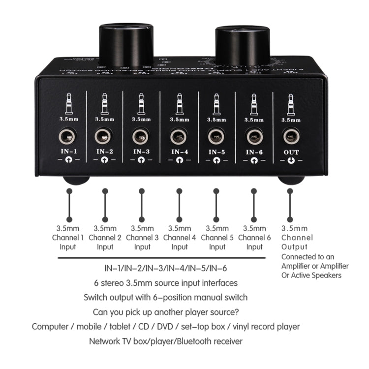 B017 Conmutador de selección de señal de audio de 6 entradas y 1 salida Control de ajuste de volumen de salida Interfaz de 3,5 mm