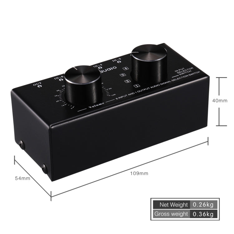 B017 Conmutador de selección de señal de audio de 6 entradas y 1 salida Control de ajuste de volumen de salida Interfaz de 3,5 mm