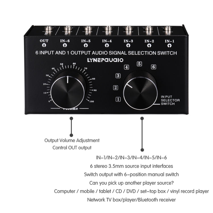 B017 Conmutador de selección de señal de audio de 6 entradas y 1 salida Control de ajuste de volumen de salida Interfaz de 3,5 mm