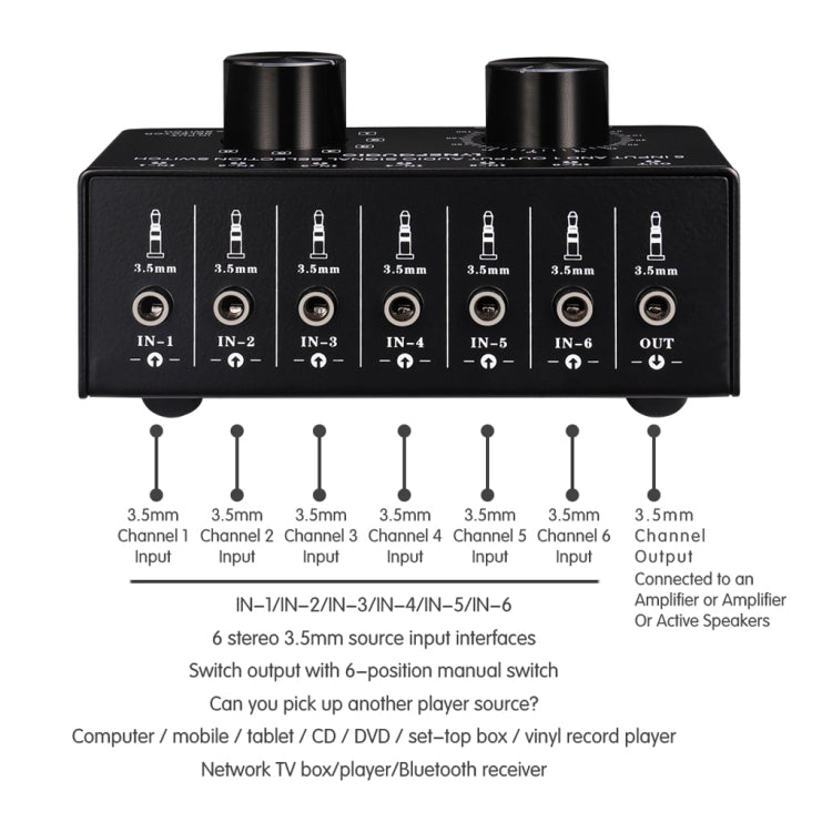 B017 Conmutador de selección de señal de audio de 6 entradas y 1 salida Control de ajuste de volumen de salida Interfaz de 3,5 mm