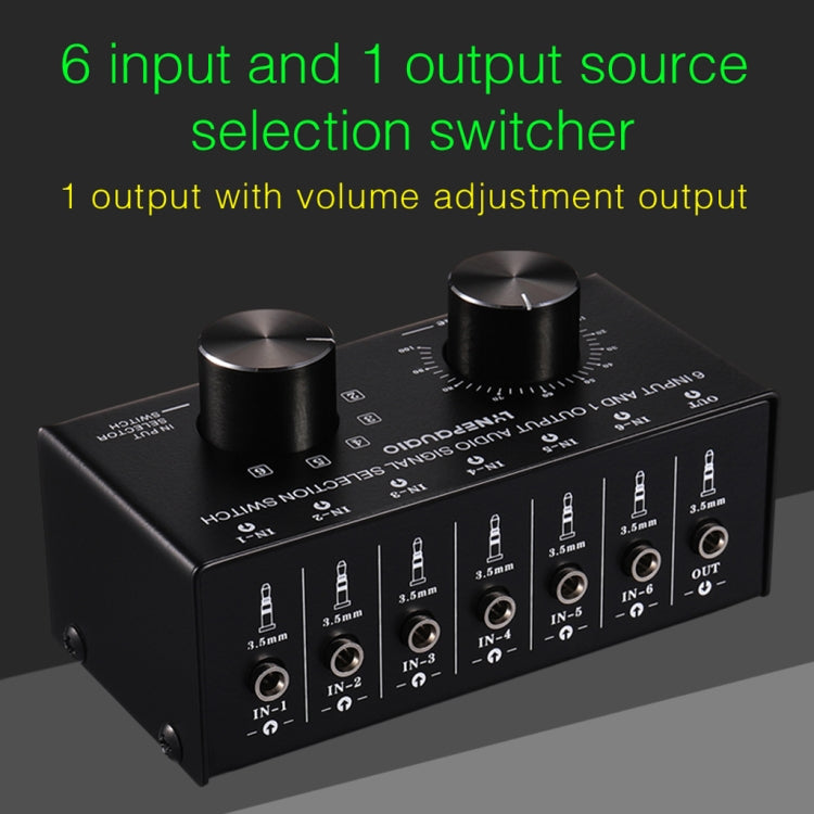 B017 Conmutador de selección de señal de audio de 6 entradas y 1 salida Control de ajuste de volumen de salida Interfaz de 3,5 mm