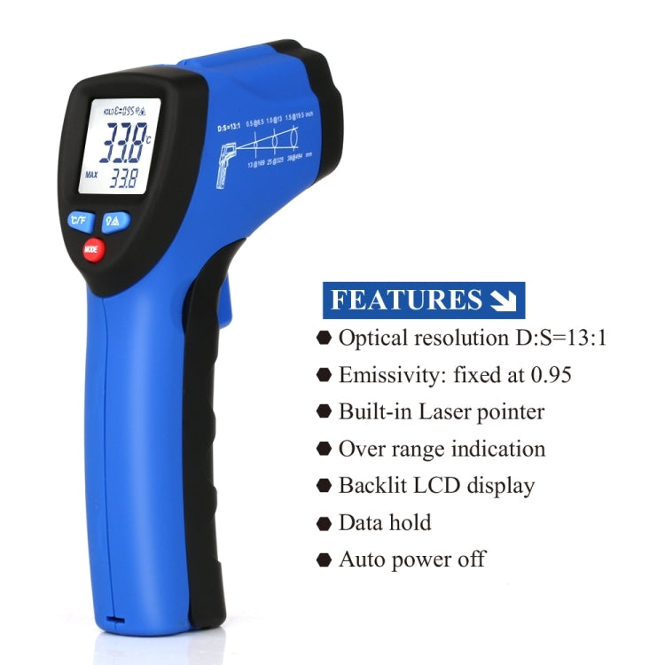 FLUS IR-801H -50 ～ 350 ℃ Termómetro láser infrarrojo portátil, electrónico, digital, para exteriores, sin contacto, IR-801H