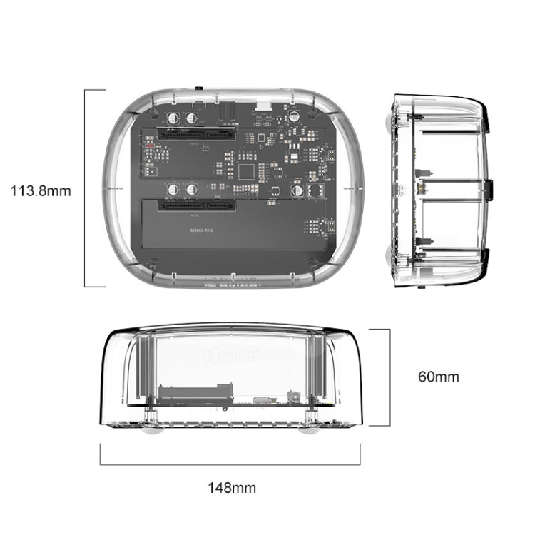ORICO 6239C3 Base para disco duro transparente tipo C de 2 bahías de 2,5/3,5 pulgadas