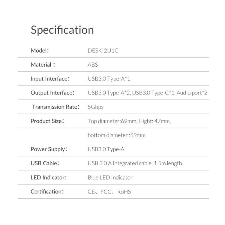 ORICO DESK-2U1C HUB multifunción con ojal de alimentación de escritorio