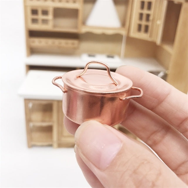Olla de cobre de cocina en miniatura para casa de muñecas, 3 uds., con tapa, juguetes educativos para niños, Copper Pot