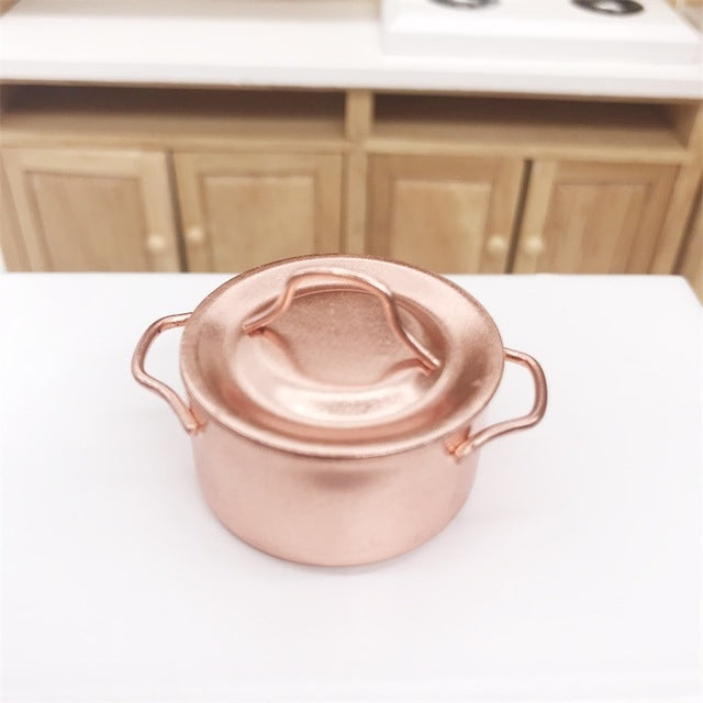 Olla de cobre de cocina en miniatura para casa de muñecas, 3 uds., con tapa, juguetes educativos para niños, Copper Pot