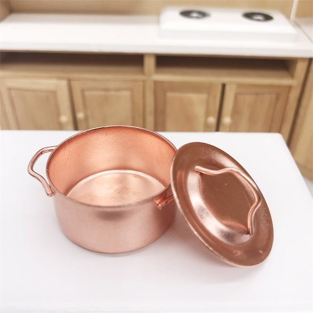 Olla de cobre de cocina en miniatura para casa de muñecas, 3 uds., con tapa, juguetes educativos para niños, Copper Pot