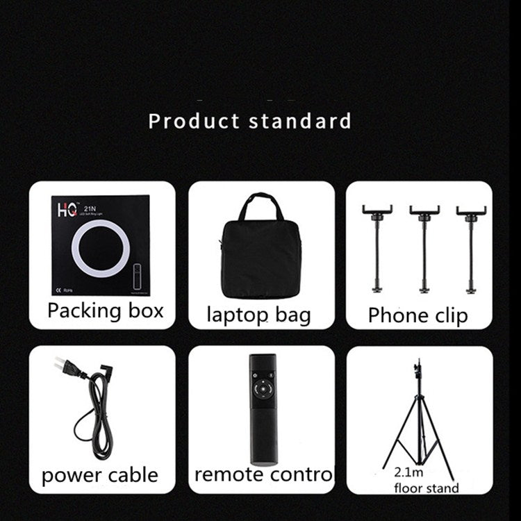 HQ-21N Kits de luces de video para fotografía con anillo LED de 21 pulgadas y 52,5 cm con control remoto, abrazadera para teléfono y soporte para trípode de 2,1 m, enchufe de la UE, 21 inch
