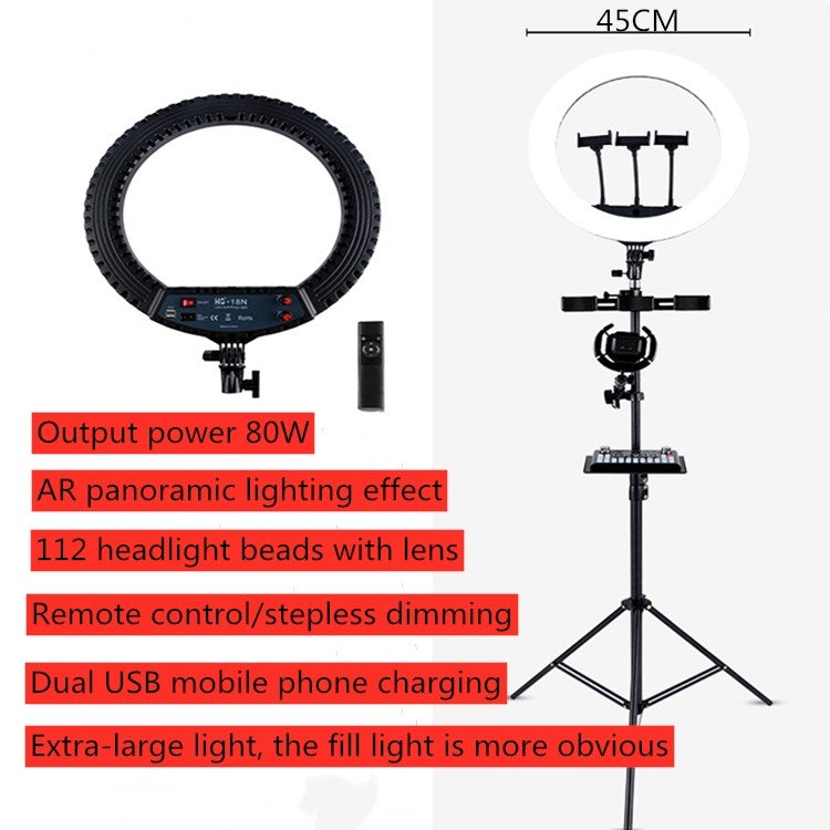 HQ-18N Kits de luces de vídeo para fotografía con anillo LED de 18 pulgadas y 45 cm con control remoto, abrazadera para teléfono y soporte para trípode de 2,1 m, enchufe de la UE, 18 inch
