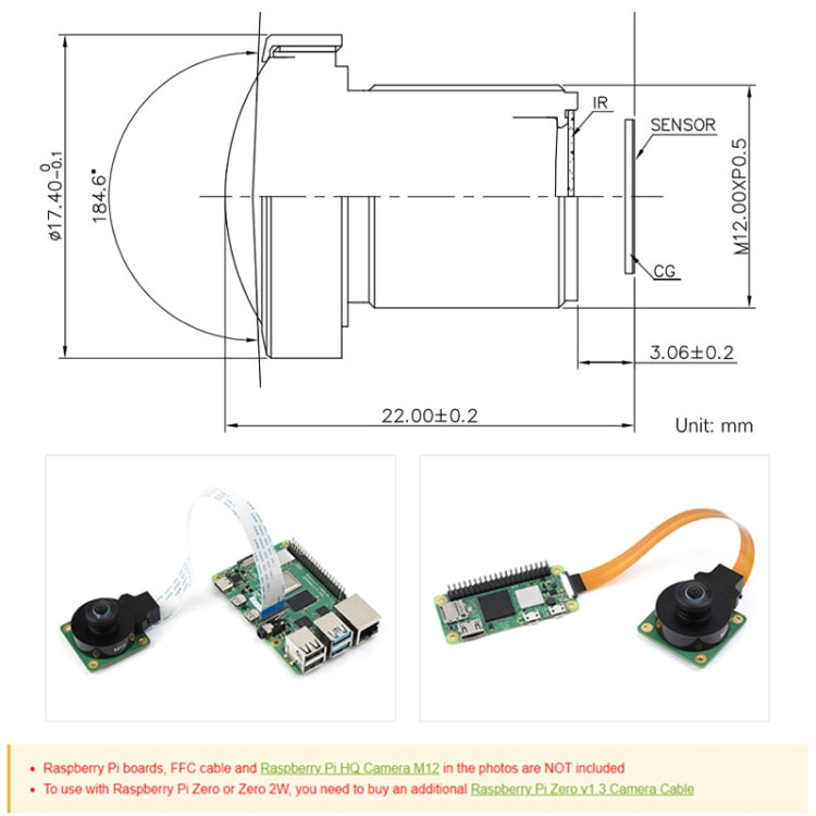 Waveshare WS1842714 para lente de alta resolución Raspberry Pi M12, 14 MP, distancia focal de 2,72 mm, 23964, 23964