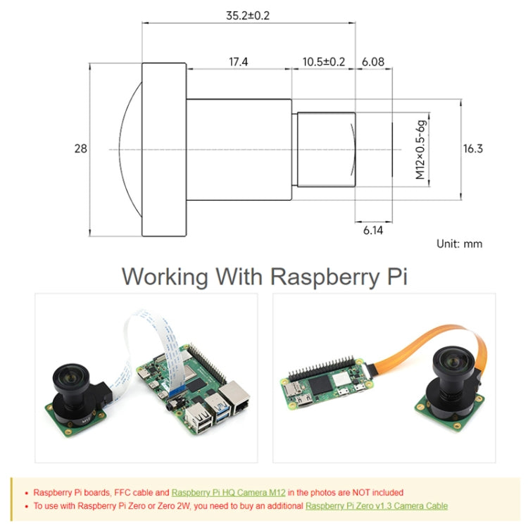 Waveshare WS1603212 para lente de alta resolución Raspberry Pi M12, 12MP, 160° FOV, longitud focal de 3,2 mm, 23967, 23967