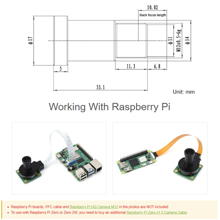 Waveshare WS0698012 para lente de alta resolución Raspberry Pi M12, 12 MP, FOV de 69,5 grados, longitud focal de 8 mm, 23968, 23968
