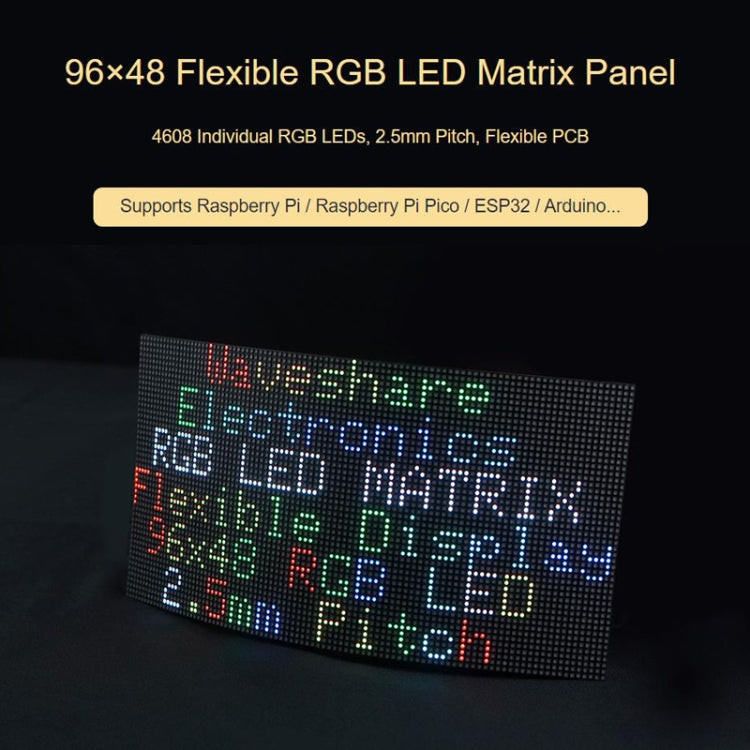 Panel de matriz LED a todo color RGB flexible Waveshare, paso de 2,5 mm, 96 x 48 píxeles, PCB flexible de brillo ajustable, 23709