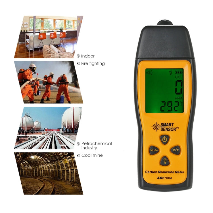 Sensor inteligente AS8700A Medidor de monóxido de carbono portátil Analizador de detector de fugas de CO digital de alta precisión, alarma de luz sonora, rango: 0-1000 ppm