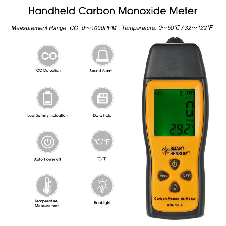 Sensor inteligente AS8700A Medidor de monóxido de carbono portátil Analizador de detector de fugas de CO digital de alta precisión, alarma de luz sonora, rango: 0-1000 ppm