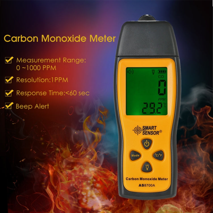 Sensor inteligente AS8700A Medidor de monóxido de carbono portátil Analizador de detector de fugas de CO digital de alta precisión, alarma de luz sonora, rango: 0-1000 ppm