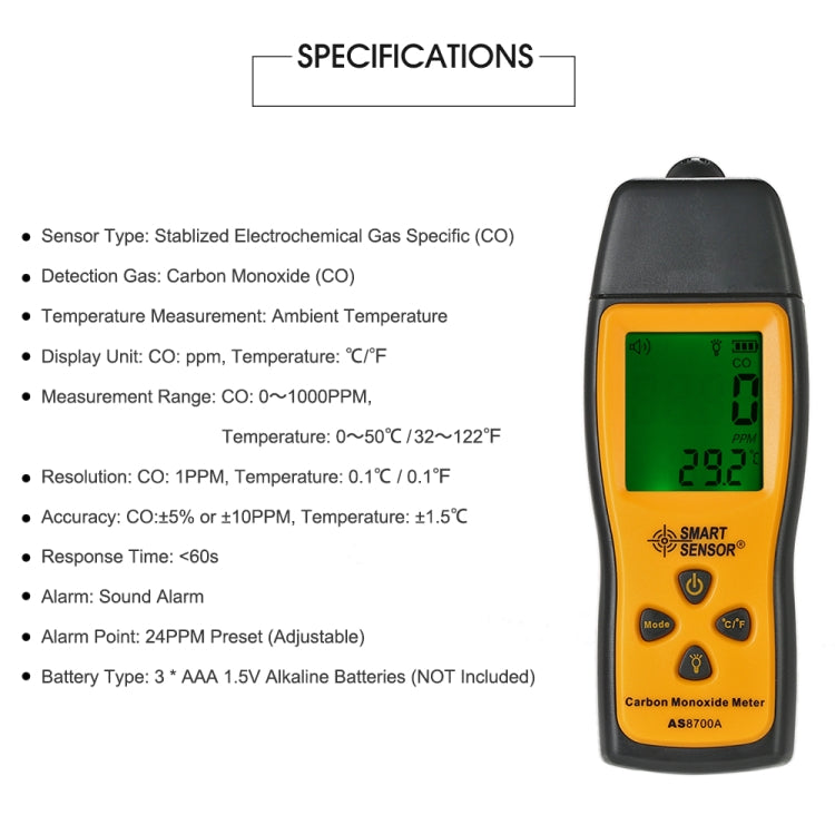 Sensor inteligente AS8700A Medidor de monóxido de carbono portátil Analizador de detector de fugas de CO digital de alta precisión, alarma de luz sonora, rango: 0-1000 ppm