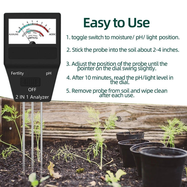 Medidor de PH del suelo 2 en 1, instrumento probador de fertilidad, herramientas de jardinería con 3 sondas, 2 in 1