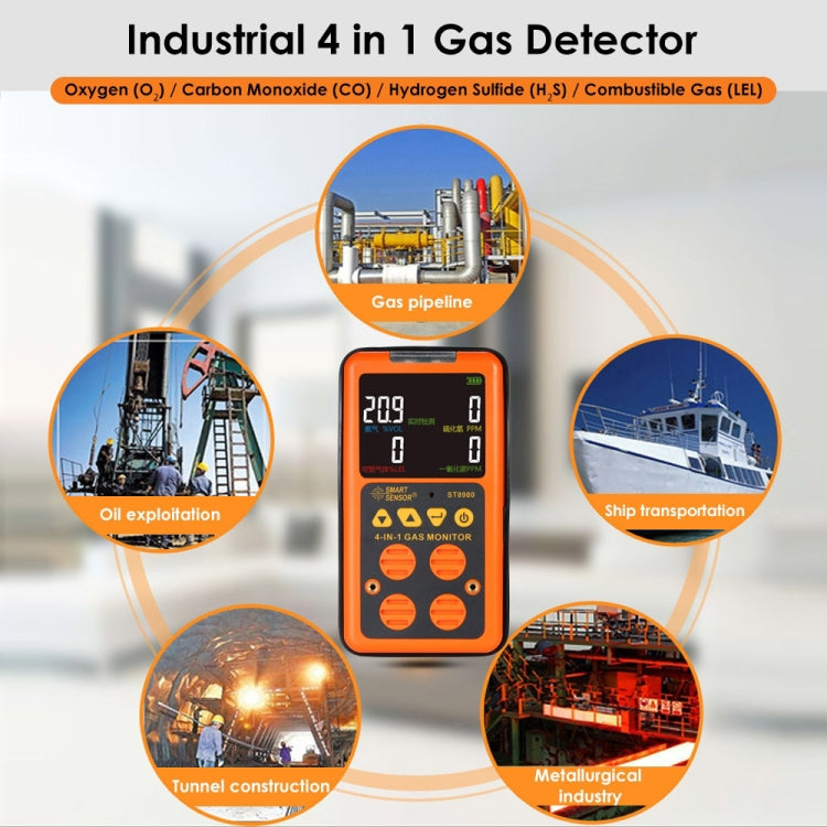 ST8900 4 en 1 Detector de monóxido de carbono de gas tóxico CO Sulfuro de hidrógeno H2S Oxígeno Prueba de gas combustible Monitor de pantalla LCD, alarma de vibración de luz de sonido