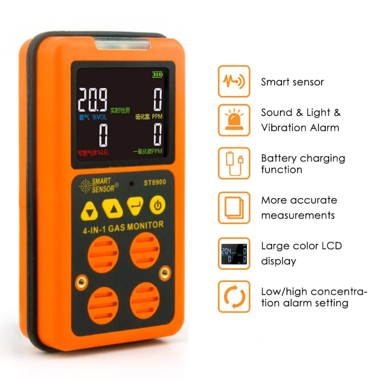 ST8900 4 en 1 Detector de monóxido de carbono de gas tóxico CO Sulfuro de hidrógeno H2S Oxígeno Prueba de gas combustible Monitor de pantalla LCD, alarma de vibración de luz de sonido