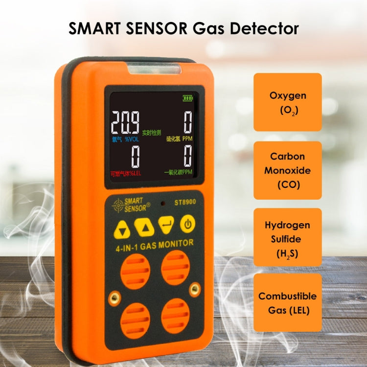 ST8900 4 en 1 Detector de monóxido de carbono de gas tóxico CO Sulfuro de hidrógeno H2S Oxígeno Prueba de gas combustible Monitor de pantalla LCD, alarma de vibración de luz de sonido