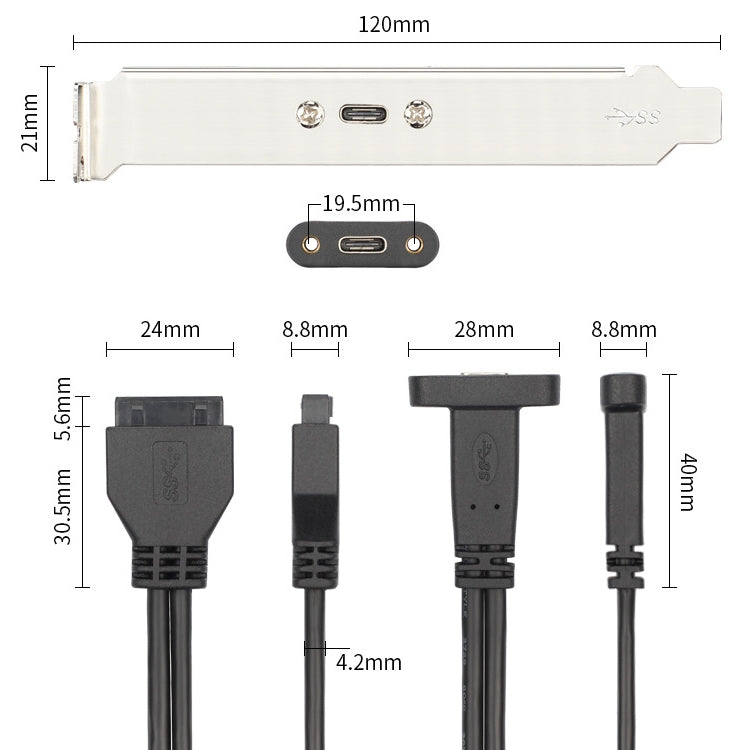 50CM USB3.0 20P a USB tipo-c chasis madre PCI Bit cable deflector