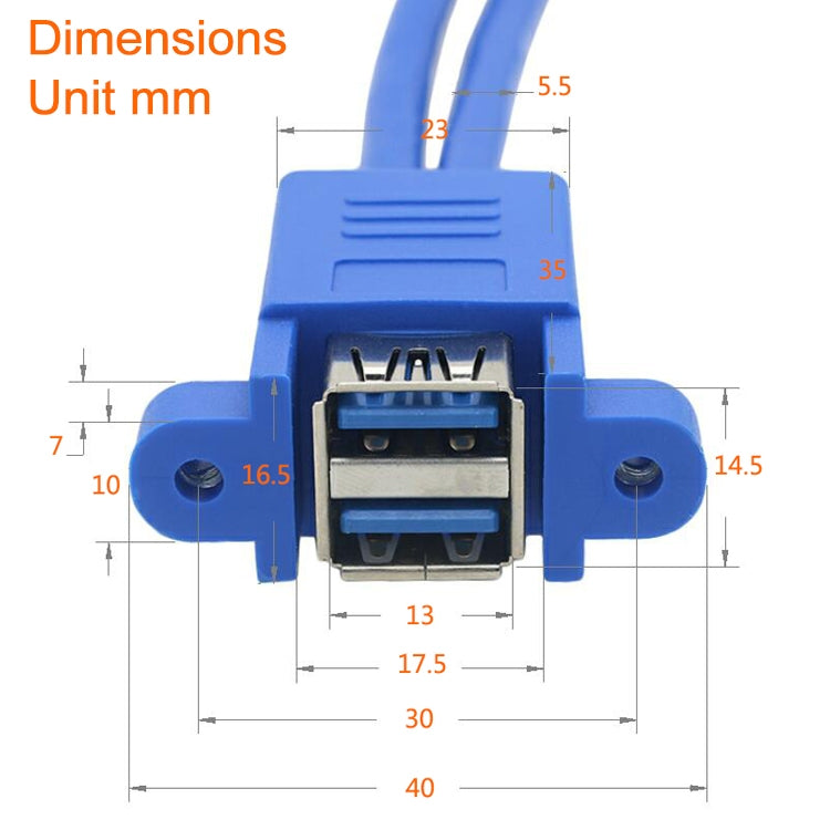 Cable de extensión USB3.0 doble de giro de 20 pines para placa base con cable deflector de oreja, Blue