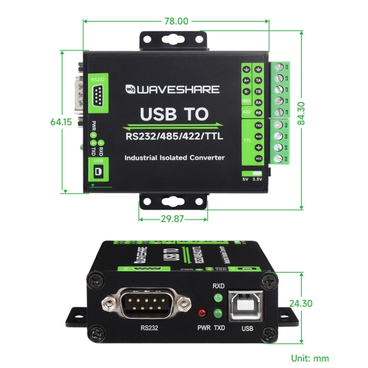Waveshare FT232RNL Convertidor de aislamiento industrial de interfaz USB a RS232/485/422/TTL, 23996, 23996
