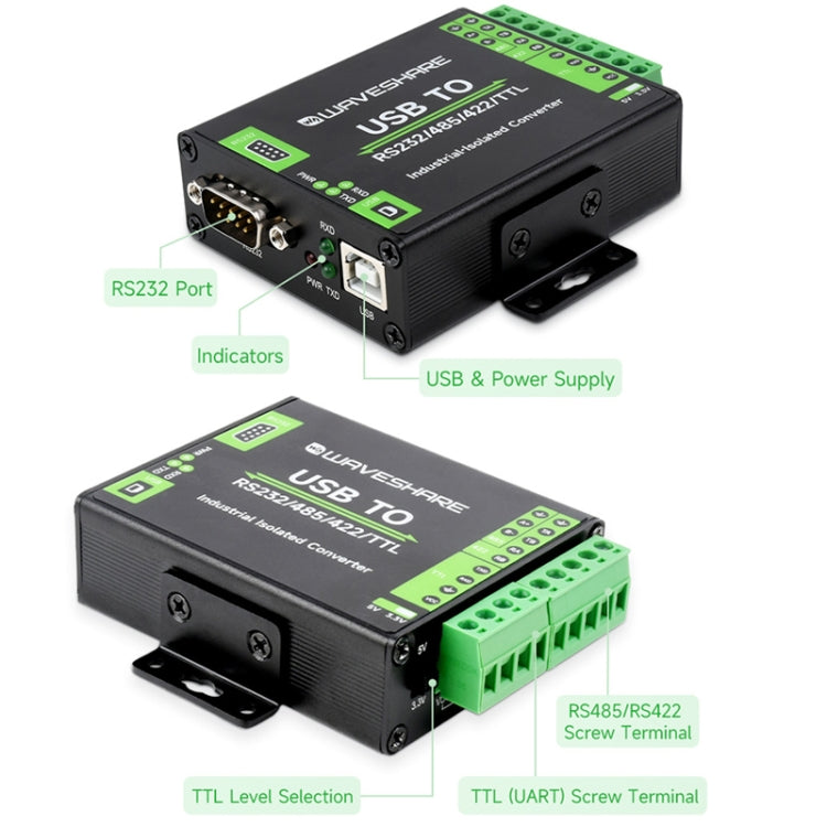 Waveshare FT232RNL Convertidor de aislamiento industrial de interfaz USB a RS232/485/422/TTL, 23996, 23996